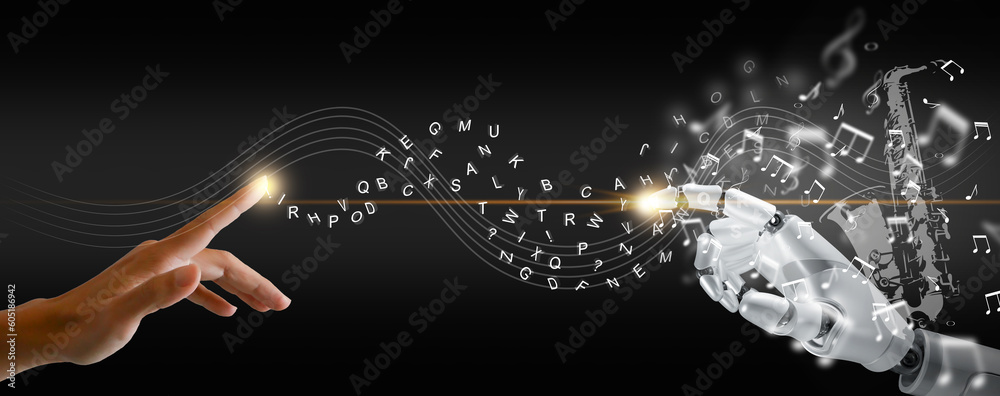 Poster text to music concept by generative ai. language audio model technology. man's hand turning text int