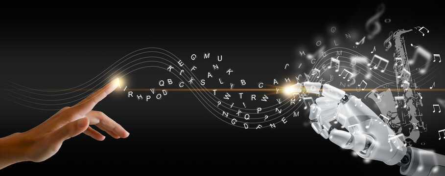 Text to Music concept by generative AI. Language Audio model technology. Man's Hand turning text into music with the help of artificial intelligence.