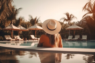 Fototapeta na wymiar back view of tourist relaxing in luxury beach hotel near luxurious swimming pool