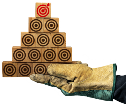 Gloved hand holding a stack of wooden blocks forming a pyramid, with many empty brown targets and one red one with an arrow reaching into the center, isolated on white or transparent background, png.
