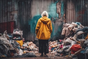 Fototapeta na wymiar Homeless old woman garbage. Generate AI