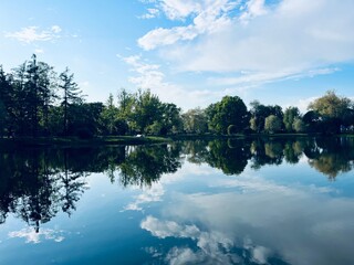 Fototapeta premium Trees silhouettes and sky reflection on the pond in the park, pond in the park, summer park, lake reflection