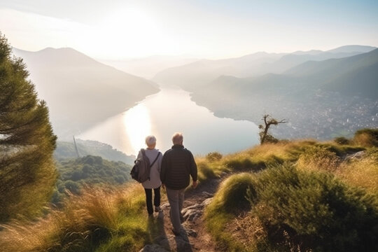 back view of Mature couple hike above lake Lugano in the morning