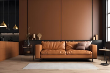 Modern classic interior of living room, brown vintage sofa and marble table on warm tone wall panels and concrete wall. Generative AI 3d illustration.