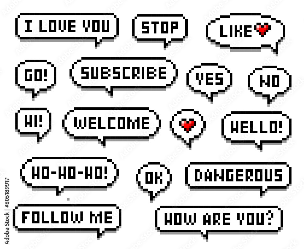 Poster Pixel speech bubble messages. Like, subscribe, follow social media web interface buttons or banners, 8bit game arcade GUI speech bubble or dialogue balloon pixelated vector icons or pictograms set