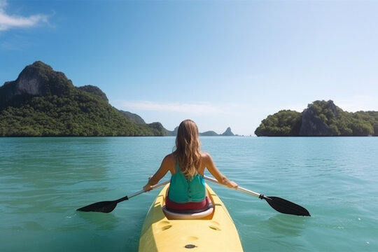 back view of Lady paddling the kayak in the calm tropical bay