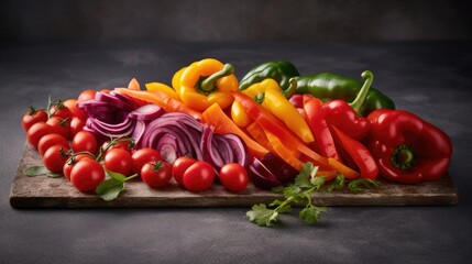 Vibrant Harvest: Isolated Bell Peppers and Tomatoes on a Dark Cutting Board Background