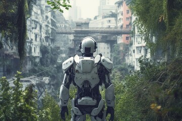 Robot in abandoned city. Generate Ai