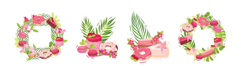 Sweet and Sugary Pink Confection with Green Foliage and Flower Vector Composition Set
