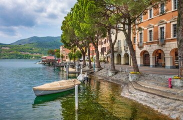 Lake Lugano promenade in  Morcote village. Switzerland. Morcote is considered " The Pearl of Cerasio".