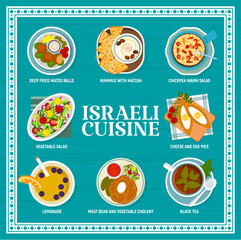 Israeli cuisine food menu page. Deep fried matzo balls, hummus with matzah and chickpea warm salad, meat bean and vegetable cholent, vegetable salad and cheese and egg pies, lemonade, black tea