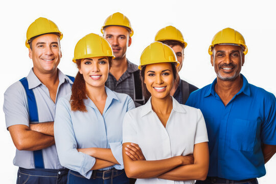 Group of industrial workers. Men and women workers with protective helmets standing together. Isolated on white background. Generative AI