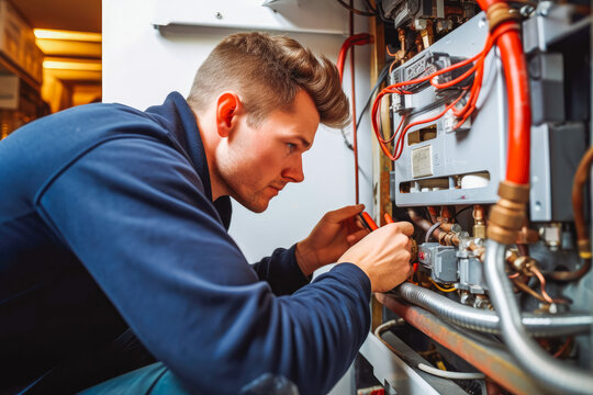 Technician servicing heated boiler. Professional techician repair service handyman doing maintenance work in home. Generative AI