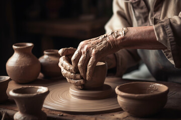 Fototapeta na wymiar An image showcasing a potter's hands skillfully shaping clay on a potter's wheel, focusing on the process and craftsmanship, embodying the beauty of handmade creations.