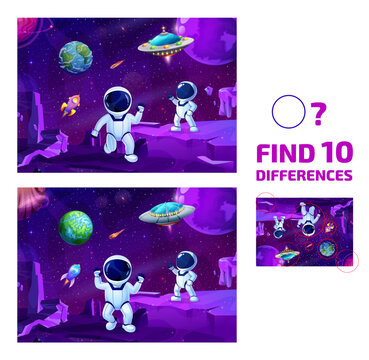 Find ten differences on space landscape with astronauts and galaxy planets. Objects comparing game, difference search vector quiz worksheet with astronauts personages on planet surface, UFO starship