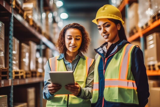 Female inventory manager shows digital tablet information to colleague.Co-workers in warehouse. Generative AI