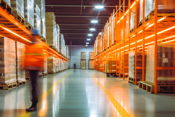 Modern warehouse interior. People in motion blur. Huge warehouse storage space with people hurrying to do their job. Generative AI