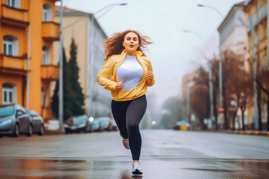 Beautiful caucasian overweight woman running jogging in the street. Active lifestyle and healthy habits concept. Generative AI
