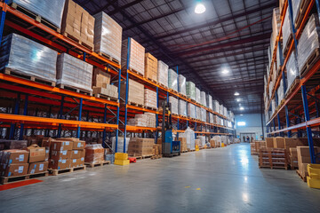 Modern warehouse interior. Huge warehouse storage space without people. Generative AI