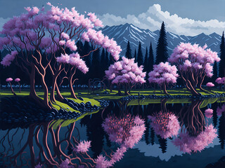 Blossom Sakura garden. AI generated illustration