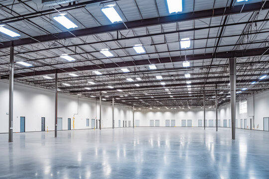 Modern warehouse interior. Huge warehouse storage space without people. Generative AI