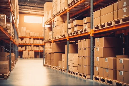 Modern warehouse or industry shelves with cardboard boxes. Huge warehouse storage space without people. Generative AI