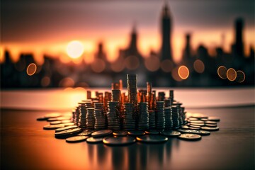 AI generated illustration of a stack of golden coins silhouetted against a stunning city skyline