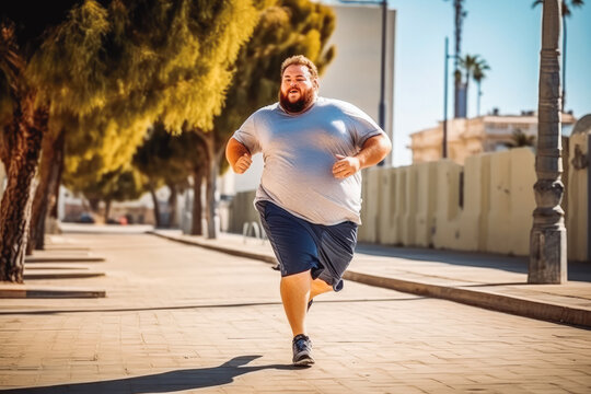 Young obese overweight man running outside. Active lifestyle, fitness and healthy habits concept. Generative AI