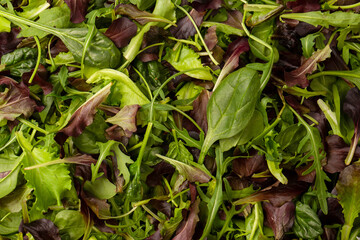 Fresh mix of salads with edible flowers. Top view.