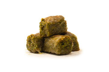 Turkish pistachio baklava isolated on white background.