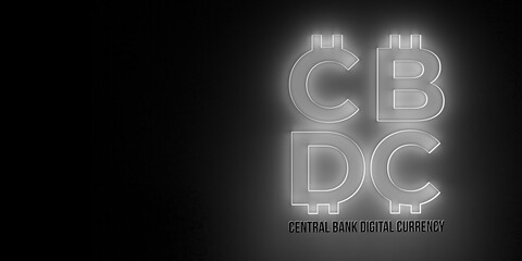 CBDC Central Bank Digital Currency banner on black background. Futuristic fiat money symbol of different countries. 3d rendering illustration design. New generation of Goverment finance control.