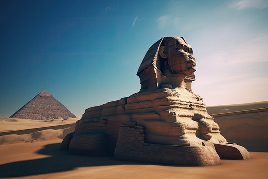 The sphinx and pyramid in the desert. Generative AI.