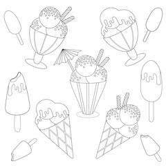 Set of various ice creams with black outline on a white background. Children's vector illustration for coloring book.