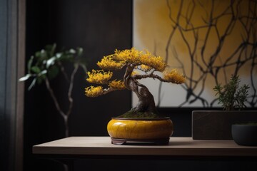 Bonsai tree in the vase on the table. Generative AI.