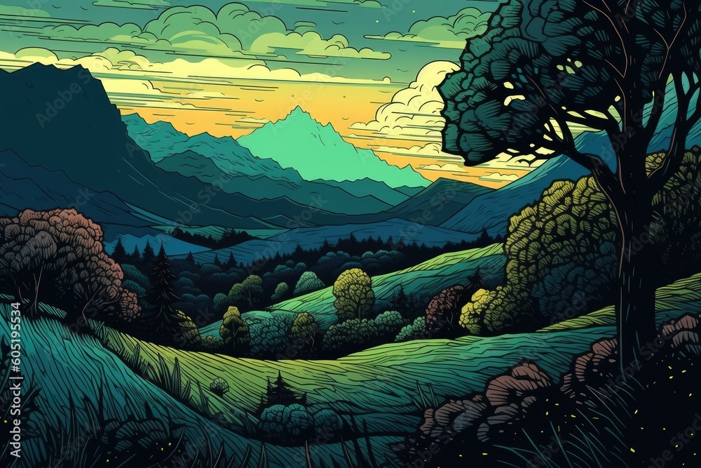 Canvas Prints sunset landscape with mountains art. generative ai.