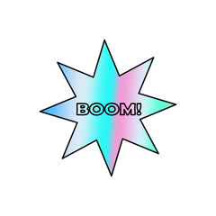 Holographic sticker in the form of an eight-pointed star with the inscription Boom! 90s style gradient foil vector sticker isolated on white background.
