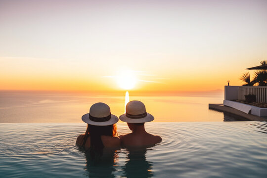 Back view of A romantic couple on summer vacation enjos the sunset over the mediterranean sea by the pool