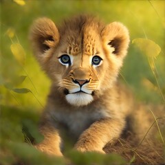 Naklejka na ściany i meble lion cub in the grass - Generative Ai