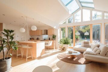 Fototapeta premium A living room of a beautiful bright modern Scandinavian style house with large windows opening, generative AI