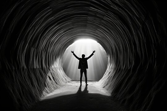 An image of a person emerging from a dark tunnel towards the light, symbolizing the transformation and rebirth associated with the resurrection. Generative Ai