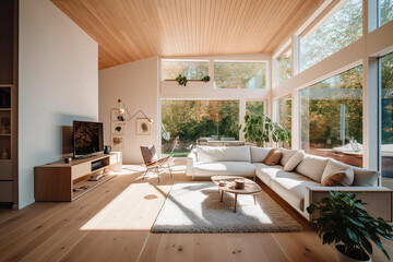 A living room of a beautiful bright modern Scandinavian style house with large windows opening, generative AI