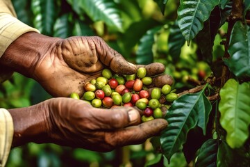 Naklejka na ściany i meble Close-up of a coffee bean being picked by a farmer's hand against a backdrop of vibrant green coffee plants, showcasing the meticulous process of harvesting coffee. Generative AI