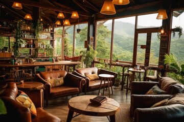 Fototapeta na wymiar Cozy coffee shop nestled within the coffee plantation, with rustic decor, comfortable seating, and large windows offering a view of the picturesque landscape. Generative Ai