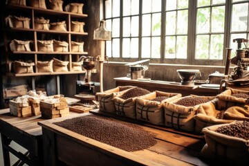 Obraz na płótnie Canvas Rustic wooden coffee processing station, with bags of coffee beans stacked neatly, conveying the craftsmanship and attention to detail involved in the coffee production process. Generative AI