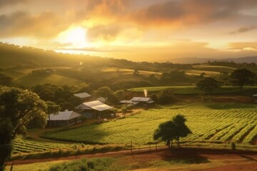 Wide shot of a sunset over the coffee plantation, with the golden light casting a warm glow on the fields, symbolizing the end of a productive day and the promise of a new harvest. Generative AI