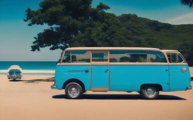 a blue vw bus parked on the beach - Generative AI