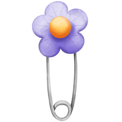 Watercolor purple flower safety pin clipart. Hand painted school element illustration. Back to school,decoration,sticker,etc.