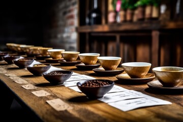 Coffee tasting session, with cups of coffee lined up on a rustic wooden table, highlighting the nuances and flavors of different coffee varieties. Generative AI