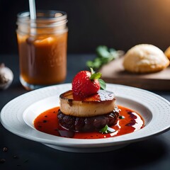 Delicious foie gras with strawberry and sauce on a black background (Ai Generated) - obrazy, fototapety, plakaty