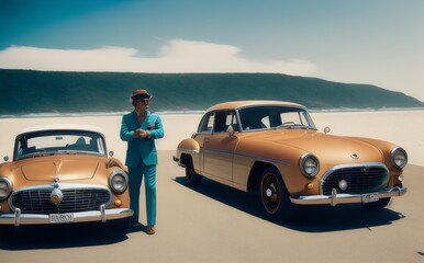 a man in a suit standing next to two vintage cars - Generative AI